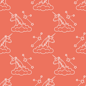 与神奇的独角兽和星座, 云无缝模式。儿童图案t恤封面礼品卡设计