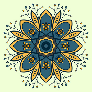 树插画背景与宝贵的圆形装饰物黑色装饰东方图案和装饰物蕾丝花翡翠