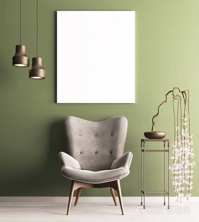 模拟海报与椅子和植物在桌上, 简约阁楼内部背景, 3d 渲染, 3d 插图