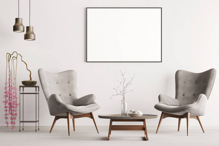 用柔和的扶手椅植物和灯具在柔和的室内经典风格中模拟海报。3d 渲染