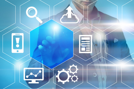 按业务业务, 技术和互联网的概念 — — 商人按照片