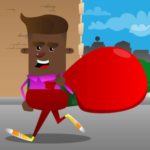 背着大红圣诞老人的圣诞麻袋的小学生.向量动画片字符例证照片