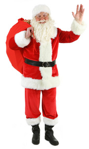 圣诞老人与袋，填充白色背景上孤立的礼品盒