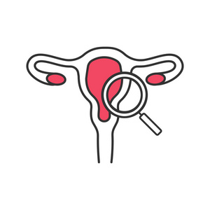 妇科考试颜色图标。女性生殖系统检查。妇科。子宫, 输卵管和用放大镜。妇女的健康。孤立向量插图