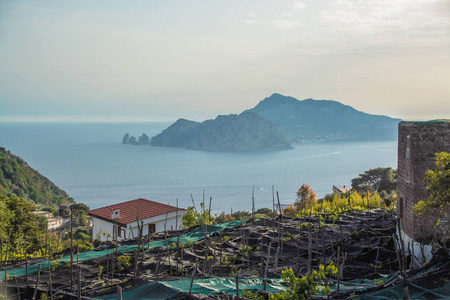 马萨鲁布朗斯和索伦托半岛和海湾的景观, 与卡普里岛那不勒斯, 意大利