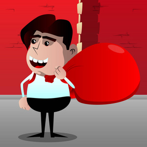 背着大红圣诞老人的圣诞麻袋的小学生.向量动画片字符例证照片