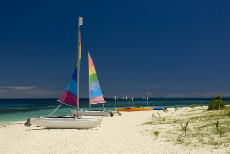 双体船及皮划艇在沙滩上。斐济南太平洋