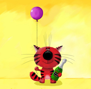 红猫拿着气球和香槟酒瓶
