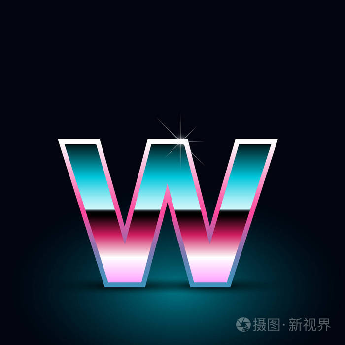 闪亮的金属80s复古风格字母w小写字体在黑色背景