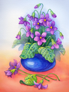 水彩绘画.蓝色花瓶里的花照片