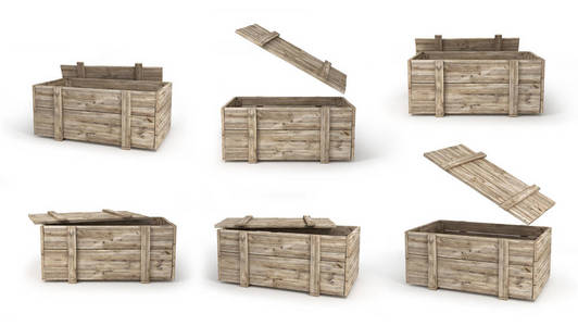 木箱子在不同的看法被隔绝在白色。3d 插图