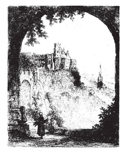 从露台看的海德堡城堡是城堡废墟是在阿尔卑斯的最重要的新生结构之中, 复古线图画或雕刻例证