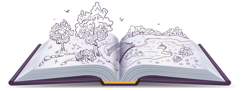 草甸 河 桥和一本打开的书页中的树木。概念图