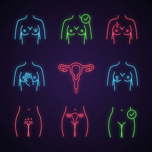 妇科霓虹灯灯图标设置。乳房皮疹, 疼痛, 触诊, 月经, niple 出院, 生殖器皮疹, 子宫, 妇女健康