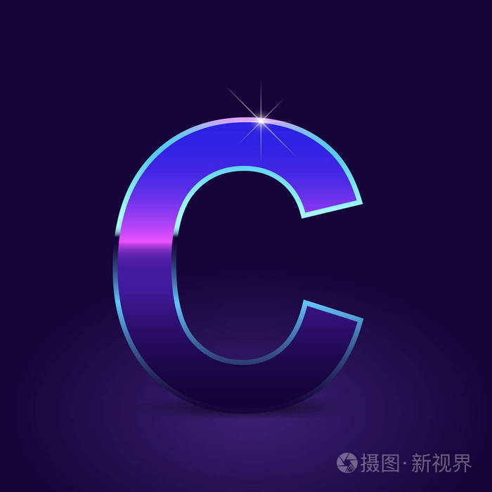 闪亮的金属80s 复古风格字母 c 大写字体在深紫色背景