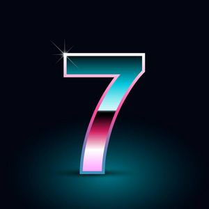 闪亮的金属80s 复古风格数字7在黑色背景照片