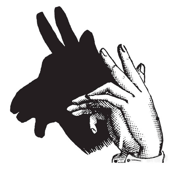 这幅画代表山羊的手影复古线条画或雕刻插图