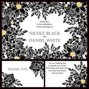 复古风格的花婚卡设置在黑白相间。花卉元素和框架