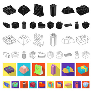 礼品和包装平面图标集合中的设计。彩色包装矢量符号股票网页插图