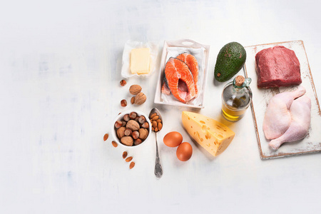 生酮低碳水化合物饮食.健康的吃的食物.具有复制空间的顶部视图照片