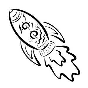飞行的火箭会徽飞行火箭与火焰, 黑色素描与图案照片