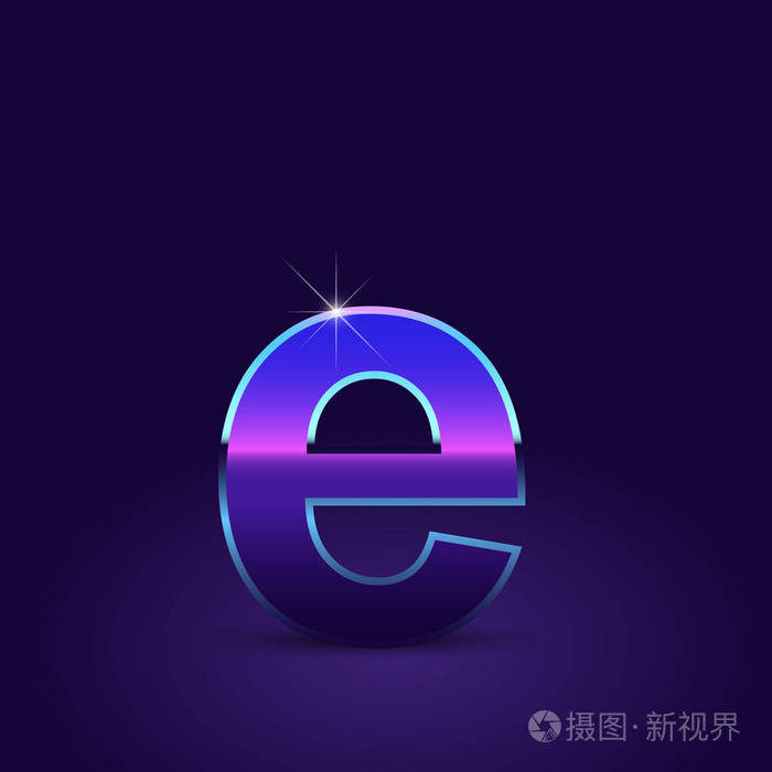 闪亮的金属80s 复古风格字母 e 小写字体在深紫色背景