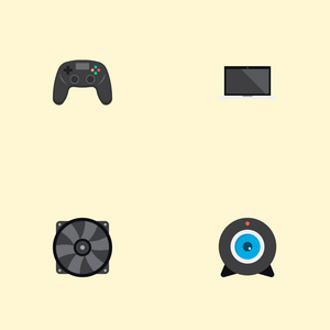 一套 Pc 图标平面风格符号与笔记本电脑, 摄像头, 风扇和其他图标为您的 web 移动应用程序徽标设计