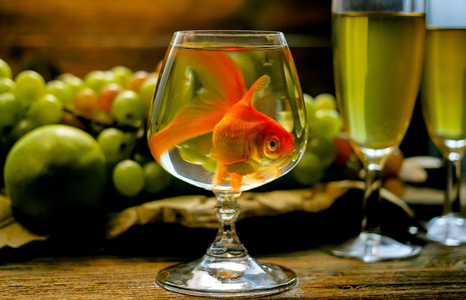 玻璃杯中的鱼与葡萄酒杯葡萄的背景照片
