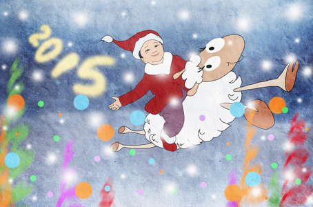 New year, funny child riding on the sheep, 2015