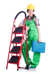 带梯子的女人维修工人图片