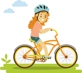 快乐的小女孩骑自行车在平面样式中的白色背景上孤立