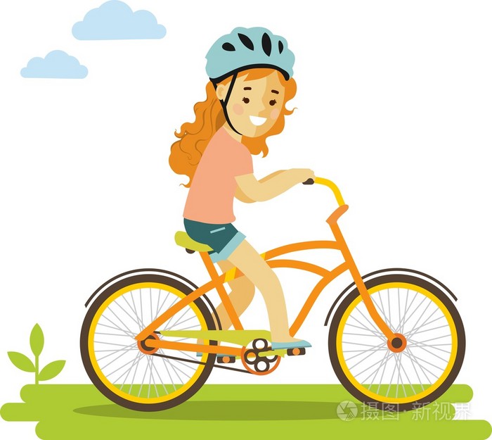 快乐的小女孩骑自行车在平面样式中的白色背景上孤立