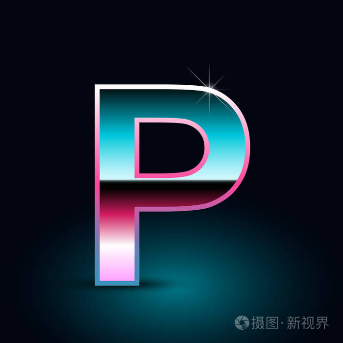 闪亮的金属80s 复古风格字母 p 大写字体在黑色背景