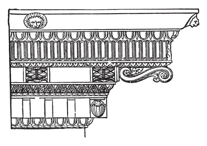 科林斯檐口, 有别于离子, mutules 和 modillions, dentels 的地方, 后者的风格, 复古线条画或雕刻
