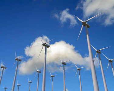 风力发电机厂 againsd 蓝天云。绿色能源概念。3d 插图