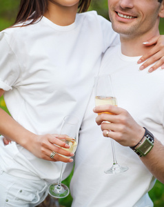 快乐微笑夫妇喝香槟野餐