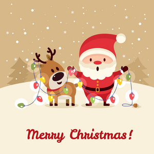 圣诞老人和鹿与花环。圣诞快乐, 新年愉快。节日贺卡。孤立向量插图