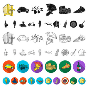 国家意大利平面图标集的设计。意大利和标志性的矢量股票网站插图