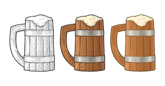 啤酒木杯。老式彩色矢量雕刻插图。在白色背景下被隔离。标签和海报手工绘制设计元素