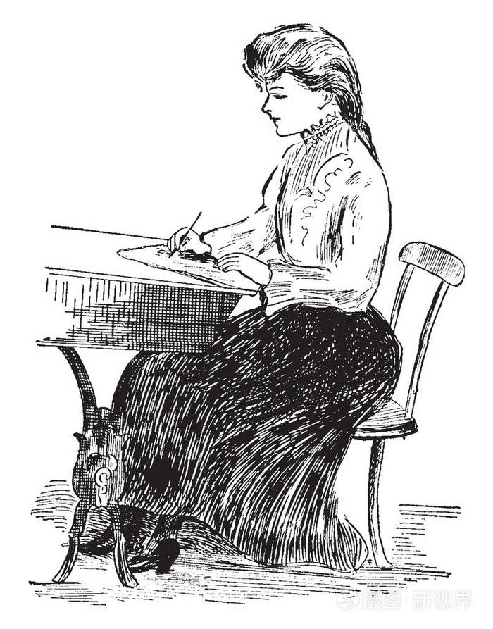 书法姿势或正确的书写姿势钢笔位置复古线画或雕刻插图