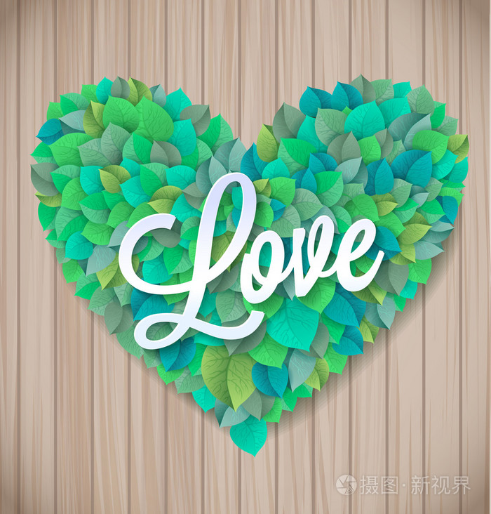 在木板上的抽象的绿心叶矢量背景