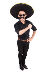 滑稽的人穿上白色孤立的墨西哥草帽帽子