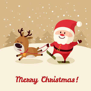 圣诞老人和鹿滑雪。圣诞快乐, 新年愉快。节日贺卡。孤立向量插图