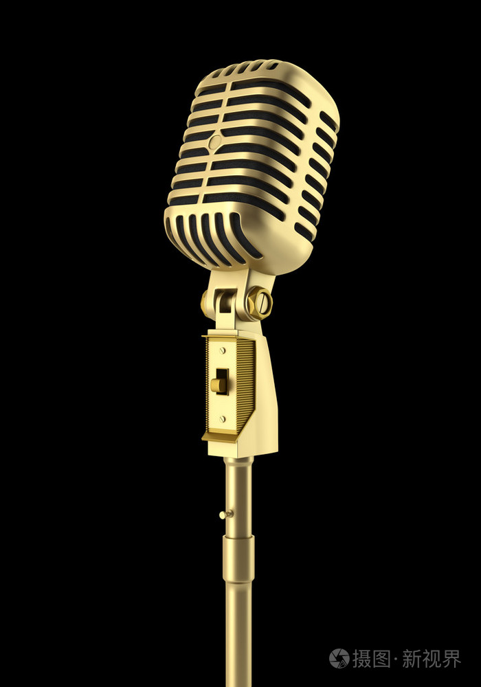 孤立在黑色背景上的金色复古麦克风