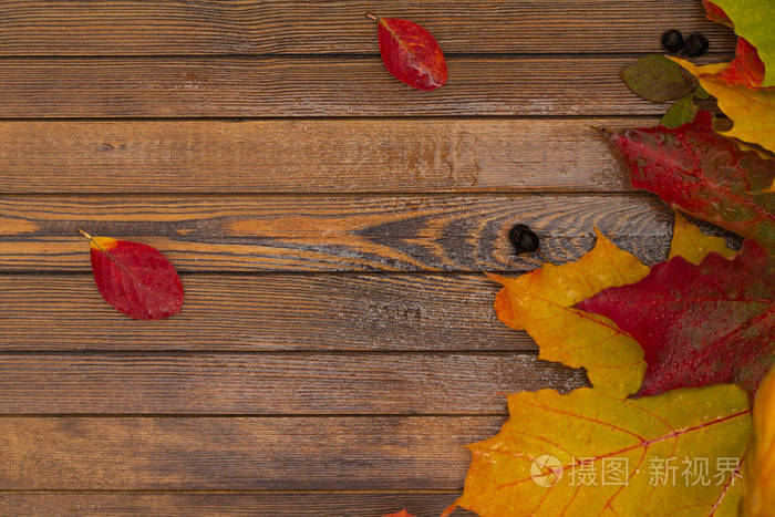 秋天横幅与黄色叶子在木纹理的背景。感恩节的秋季背景