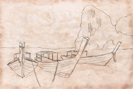 绘制的泰国渔船上复古的纸张的纹理