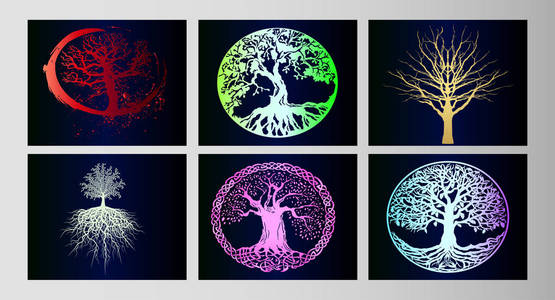 霓虹灯的纹身梯度背景下的生命树的大向量集.