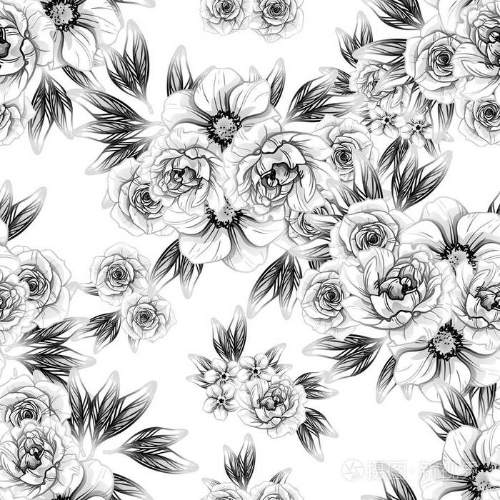 无缝复古风格的花卉图案黑白相间的花元素