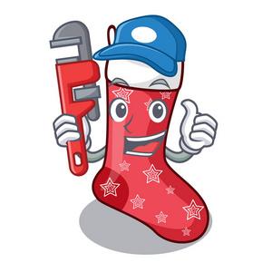 在吉祥物查出的水管工逗人喜爱的圣诞袜子