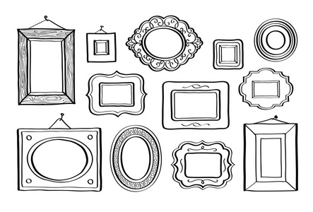 矢量的老式相框套, 手画的涂鸦风格,古色古香的观赏和可爱相框,装饰和